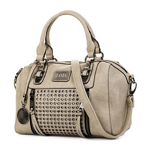 Lois - Bolso de Mujer de Mano Tipo Bowling. 2 Asas y Bandolera. Decorado con Remaches. Cuero PU. Elegante Resistente y Cómodo. Calidad Estilo Diseño y Marca. 93131, Color Beige
