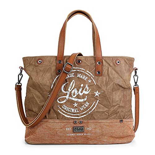 Lois - Bolso de Mujer Tipo Shopping. Portadocumentos Cartera Tipo Mensajero 15" para Portátil. Lona - Cuero PU Estampado Polipiel. Efecto Arrugado. Marca Original. 303040, Color Beige