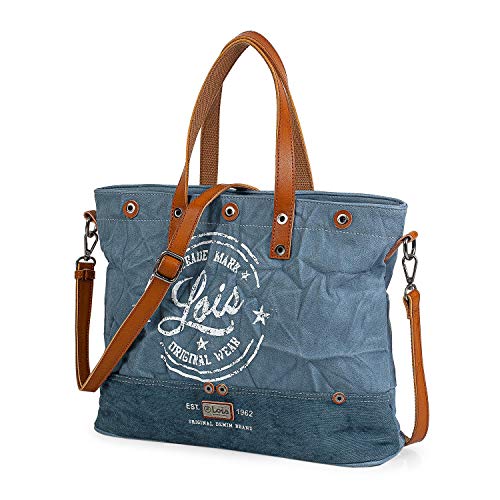 Lois - Bolso de Mujer Tipo Shopping. Portadocumentos Cartera Tipo Mensajero 15" para Portátil. Lona - Cuero PU Estampado Polipiel. Efecto Arrugado. Marca Original. 303040, Color Azul