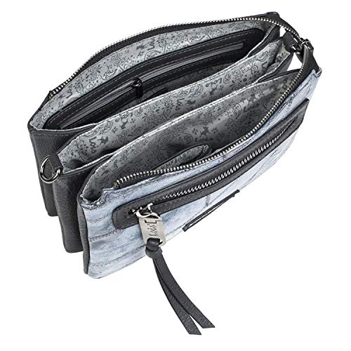 Lois - Bolso Pequeño Bandolera de Mujer. Triple Compartimento. Ideal para Diario. Cuero PU Efecto Denim Metálico. Muy Práctico y Original. Cómodo Resistente y Ligero. 304115, Color Azul