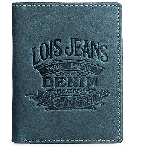 Lois - Cartera de Caballero Pequeña de Piel con Protección RFID. Billetero de Cuero Genuino. Tarjetas Billetes. Caja para Regalo. Práctica y Cómoda. Estilo Denim. 201717, Color Azul