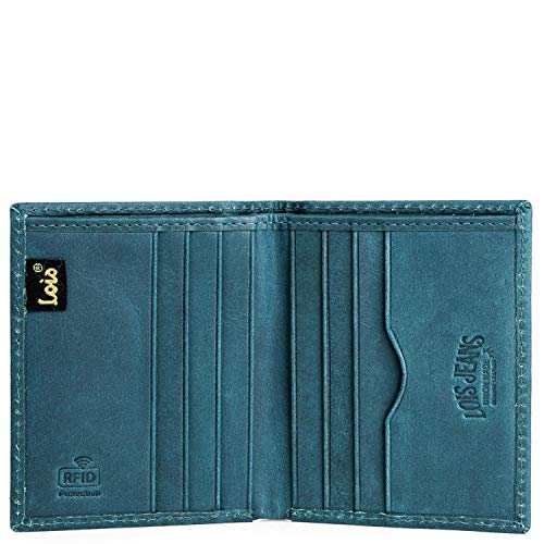Lois - Cartera de Caballero Pequeña de Piel con Protección RFID. Billetero de Cuero Genuino. Tarjetas Billetes. Caja para Regalo. Práctica y Cómoda. Estilo Denim. 201717, Color Azul