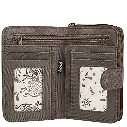 Lois - Cartera Estampada con Bordados para Mujer con Motivos Mandala Fabricada en Lona y Cuero PU para Uso Diario con Cierre Cremallera y Botón 304414, Color Marron