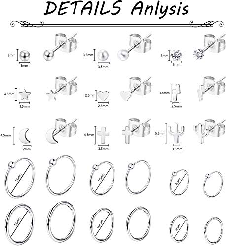 LOLIAS 15Pares Acero Inoxidable Pequeños Pendientes Cartílago Aros para Mujeres Hombres Aretes Tragus Círculo CZ Corazón Pendientes Luna Estrella Bola Cartílago Piercing de Oreja para Mujer Hombre