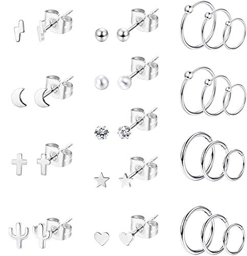 LOLIAS 15Pares Acero Inoxidable Pequeños Pendientes Cartílago Aros para Mujeres Hombres Aretes Tragus Círculo CZ Corazón Pendientes Luna Estrella Bola Cartílago Piercing de Oreja para Mujer Hombre