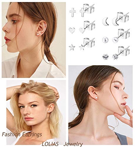 LOLIAS 15Pares Acero Inoxidable Pequeños Pendientes Cartílago Aros para Mujeres Hombres Aretes Tragus Círculo CZ Corazón Pendientes Luna Estrella Bola Cartílago Piercing de Oreja para Mujer Hombre