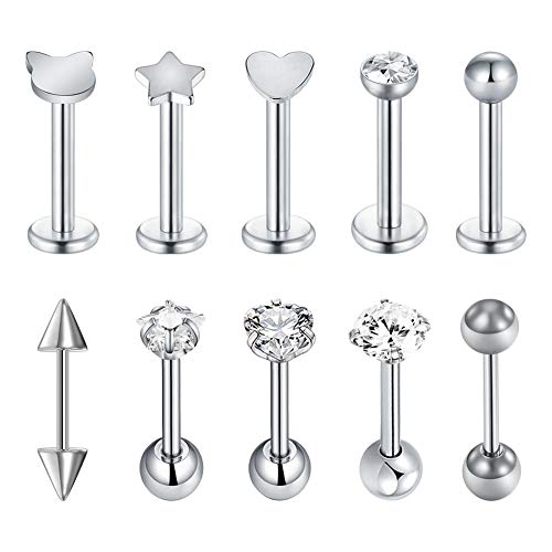 Longita 16G Acero Quirúrgico Pendientes Helix Cartilago Tragus Piercings Oreja Barbell 6mm 8mm Joyería del Cuerpo 10 Piezas