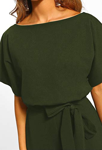 Longwu Mujeres Casual Elegante Cintura Alta Mono de Manga Corta Pantalones de Pierna Ancha Ocasionales Mamelucos Sueltos con cinturón Ejercito Verde-XL