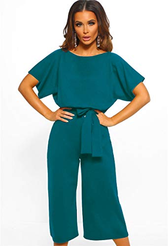 Longwu Mujeres Casual Elegante Cintura Alta Mono de Manga Corta Pantalones de Pierna Ancha Ocasionales Mamelucos Sueltos con cinturón Lago Azul-M