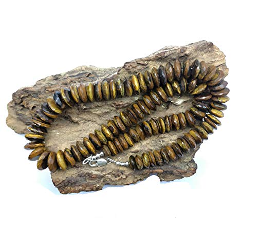 LOVEKUSH - Collar de cuentas sueltas de ojo de tigre amarillo natural, forma de piedra Rondelle, talla 8-12 mm, talla alemana, 45,7 cm de largo, chapado en plata, código de cierre: Raj- 29