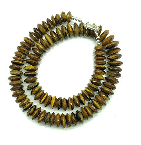 LOVEKUSH - Collar de cuentas sueltas de ojo de tigre amarillo natural, forma de piedra Rondelle, talla 8-12 mm, talla alemana, 45,7 cm de largo, chapado en plata, código de cierre: Raj- 29