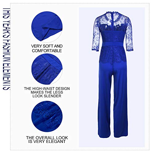 Lover-Beauty Mono Largo Casual Manga Larga Otoño Encaje Hueco Flounce Pantalones Piernas Anchas Suit Traje Dama para Boda Verano Mono Azul