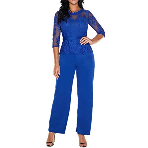 Lover-Beauty Mono Largo Casual Manga Larga Otoño Encaje Hueco Flounce Pantalones Piernas Anchas Suit Traje Dama para Boda Verano Mono Azul
