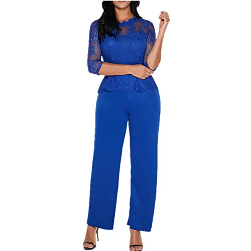 Lover-Beauty Mono Largo Casual Manga Larga Otoño Encaje Hueco Flounce Pantalones Piernas Anchas Suit Traje Dama para Boda Verano Mono Azul