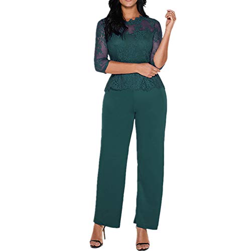 Lover-Beauty Mono Largo Casual Manga Larga Otoño Encaje Hueco Flounce Pantalones Piernas Anchas Suit Traje Dama para Boda Verano Mono Verde
