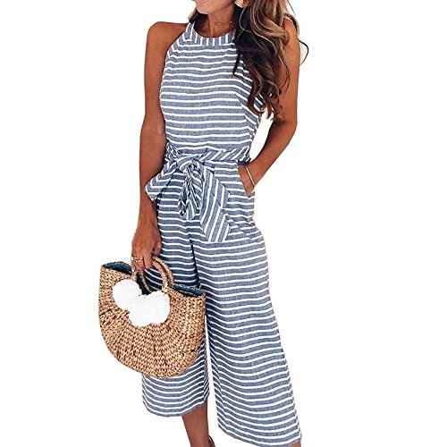 Lover-Beauty Mono Largo Mujer Verano Casual Raya Vendaje en Cintura Alta con Bosillo Hombro Descubierto Sin Manga Cuello Colgante Casual Oficina Piernas Anchas