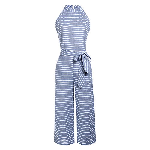 Lover-Beauty Mono Largo Mujer Verano Casual Raya Vendaje en Cintura Alta con Bosillo Hombro Descubierto Sin Manga Cuello Colgante Casual Oficina Piernas Anchas