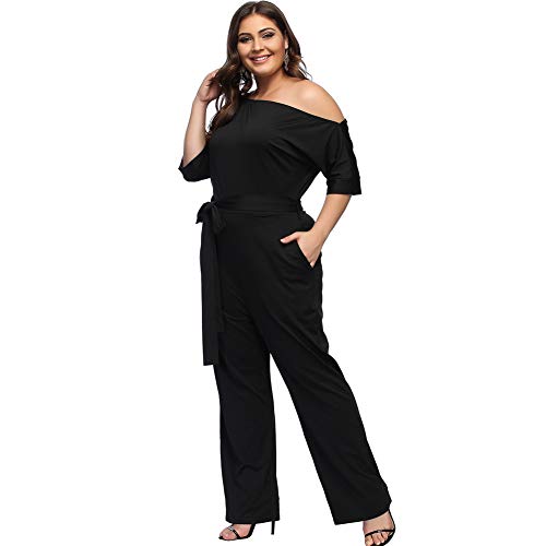 Lover-Beauty Mono Mujer Talla Grande Casual Un Hombro Asimétrico Cintura Alta Vendaje Top Ajustado Pantalones Largo Manga Media Verano Negro