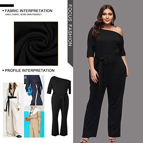Lover-Beauty Mono Mujer Talla Grande Casual Un Hombro Asimétrico Cintura Alta Vendaje Top Ajustado Pantalones Largo Manga Media Verano Negro