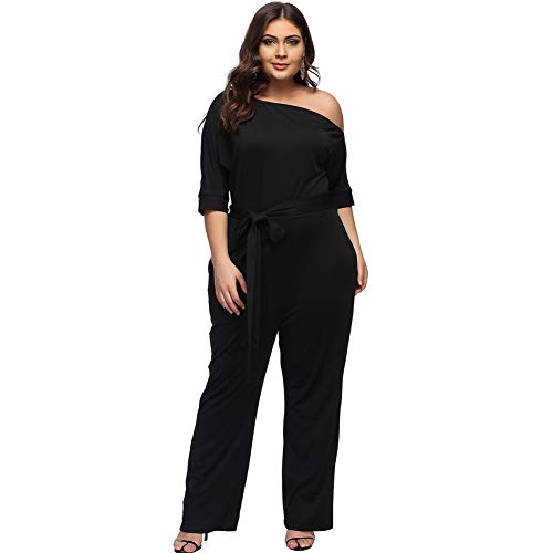 Lover-Beauty Mono Mujer Talla Grande Casual Un Hombro Asimétrico Cintura Alta Vendaje Top Ajustado Pantalones Largo Manga Media Verano Negro
