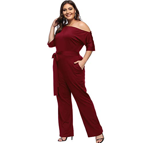 Lover-Beauty Traje Mujer Talla Grande Fiesta Hombro Descubieto Cintura Alta Vendaje Dama Camisa Boda Ajustado Piernas Anchas Manga Corta Otoño Rojo