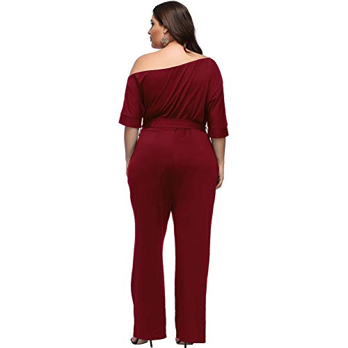 Lover-Beauty Traje Mujer Talla Grande Fiesta Hombro Descubieto Cintura Alta Vendaje Dama Camisa Boda Ajustado Piernas Anchas Manga Corta Otoño Rojo