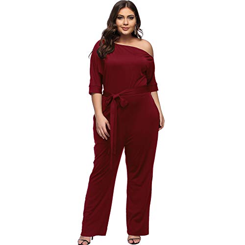 Lover-Beauty Traje Mujer Talla Grande Fiesta Hombro Descubieto Cintura Alta Vendaje Dama Camisa Boda Ajustado Piernas Anchas Manga Corta Otoño Rojo