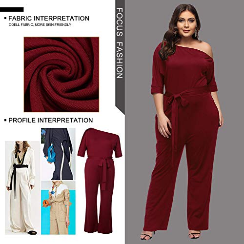 Lover-Beauty Traje Mujer Talla Grande Fiesta Hombro Descubieto Cintura Alta Vendaje Dama Camisa Boda Ajustado Piernas Anchas Manga Corta Otoño Rojo