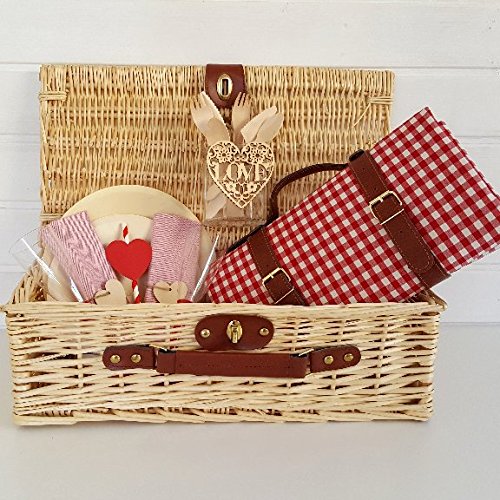 LOVERSpack Cesta Picnic Romántica Mimbre Natural Sorprende a tu Pareja con Picnic romántico en la Playa, montaña, Jardin, etc.!