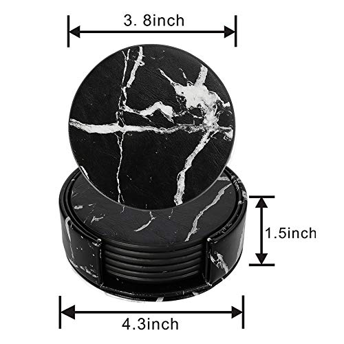 lovingmona - Posavasos de mármol para bebidas, color negro, con soporte redondo de piel sintética para café, cerveza, té, copa de vino, pub