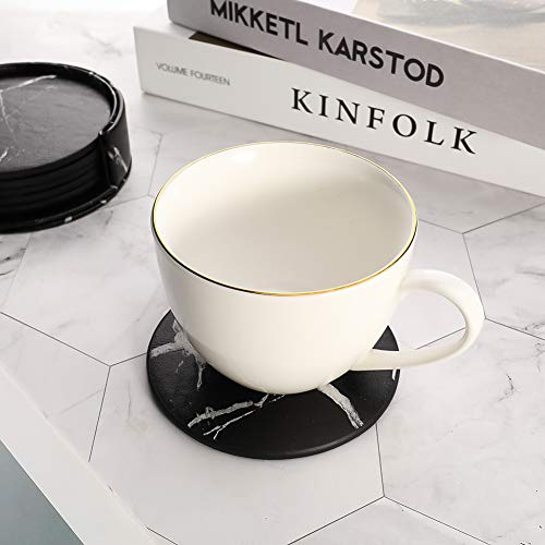 lovingmona - Posavasos de mármol para bebidas, color negro, con soporte redondo de piel sintética para café, cerveza, té, copa de vino, pub