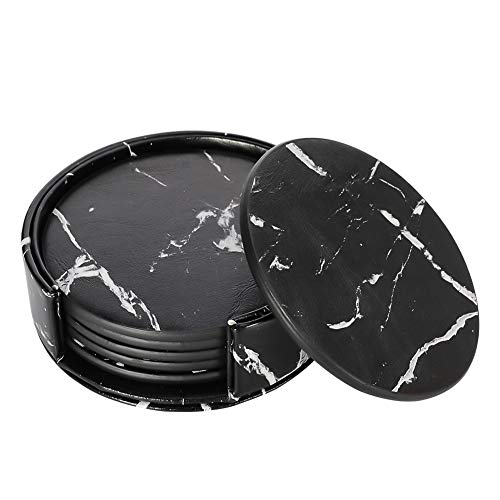 lovingmona - Posavasos de mármol para bebidas, color negro, con soporte redondo de piel sintética para café, cerveza, té, copa de vino, pub