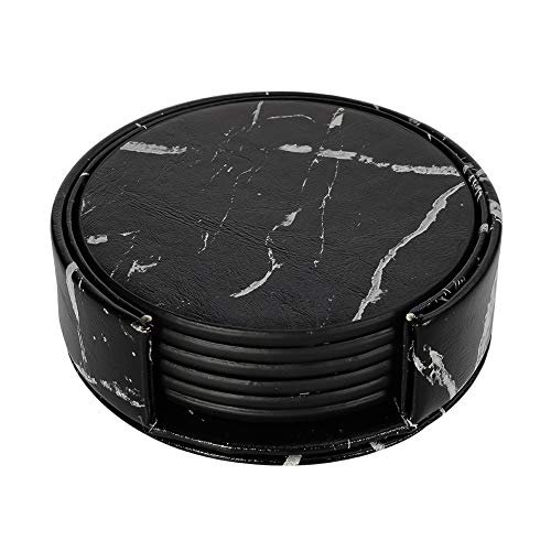 lovingmona - Posavasos de mármol para bebidas, color negro, con soporte redondo de piel sintética para café, cerveza, té, copa de vino, pub
