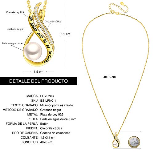 LOVORDS Collar Mujer Grabado Plata de Ley 925 Colgante Infinito Perla Cultivada Blanca de Agua Dulce 8mm Regalo Madre Mamá Esposa Novia Abuela Hija