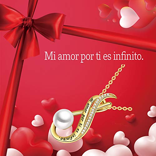 LOVORDS Collar Mujer Grabado Plata de Ley 925 Colgante Infinito Perla Cultivada Blanca de Agua Dulce 8mm Regalo Madre Mamá Esposa Novia Abuela Hija