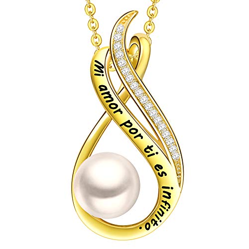 LOVORDS Collar Mujer Grabado Plata de Ley 925 Colgante Infinito Perla Cultivada Blanca de Agua Dulce 8mm Regalo Madre Mamá Esposa Novia Abuela Hija