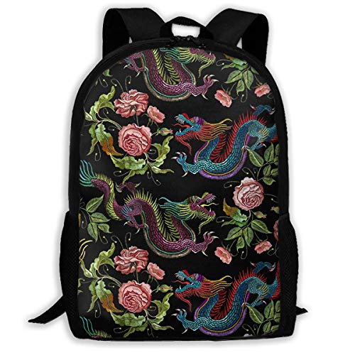 Lsjuee Dragones Chinos Flores Peonías Patrón Impreso Mochila Informal Mochila Ligera Mochila Bolsa de Hombro de 17 Pulgadas con Correas Acolchadas para el Trabajo Escolar Deportes