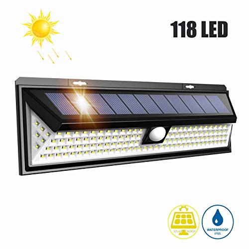 LTPAG Lamparas Solares LED Exterior, 118 LED Foco LED Solar con Sensor de Movimiento, 3 Modos Luces Solares Jardin Exterior IP65 Impermeable Farolas Luz de Caminos Iluminación de Patio y Terraza