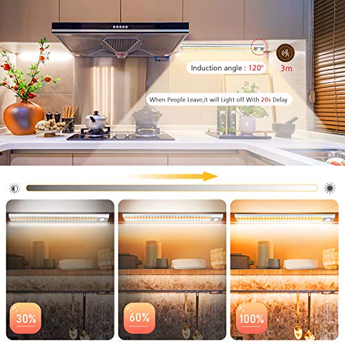 Luces de armario,120 LED Luz de armario USB recargable Lámpara de noche para armario con detector de movimiento Tira adhesiva magnética,Luz nocturna 4 modos(EN/Sensor día-noche/Sensor día/Atenuación)