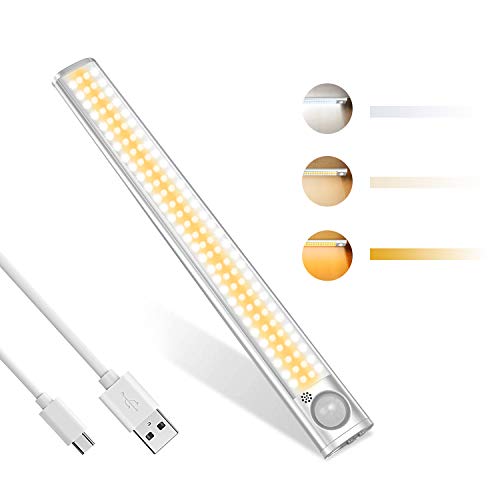 Luces de armario,120 LED Luz de armario USB recargable Lámpara de noche para armario con detector de movimiento Tira adhesiva magnética,Luz nocturna 4 modos(EN/Sensor día-noche/Sensor día/Atenuación)