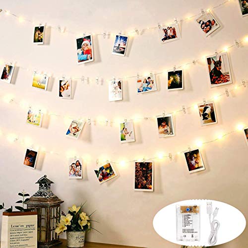 Luces de Cadena DazSpirit LED Photo Clip Para Habitación, USB y Batería 100 LED 10M con 50 Decoraciones de Clip de Plástico Transparente para Interiores, Hogar, Bodas, Dormitorios