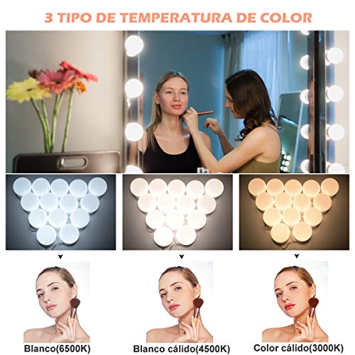 Luces de Espejo de Tocador LED Lámpara para Espejo de Maquillaje LED para Espejo Cosmético con Estilo Hollywood 14 Piezas Bombillas Regulables con Puerto USB, 10 Niveles de Brillo, 3 Modos de Color