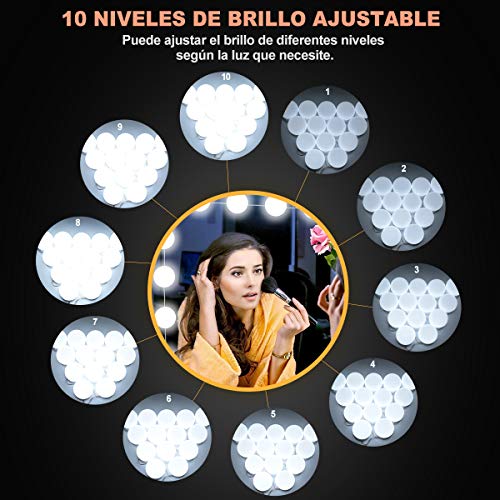 Luces de Espejo de Tocador LED Lámpara para Espejo de Maquillaje LED para Espejo Cosmético con Estilo Hollywood 14 Piezas Bombillas Regulables con Puerto USB, 10 Niveles de Brillo, 3 Modos de Color