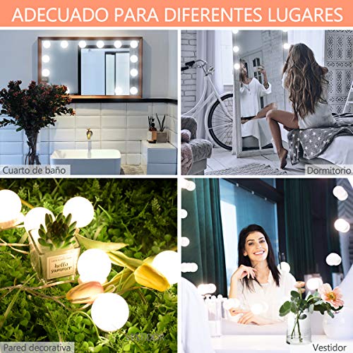 Luces de Espejo de Tocador LED Lámpara para Espejo de Maquillaje LED para Espejo Cosmético con Estilo Hollywood 14 Piezas Bombillas Regulables con Puerto USB, 10 Niveles de Brillo, 3 Modos de Color