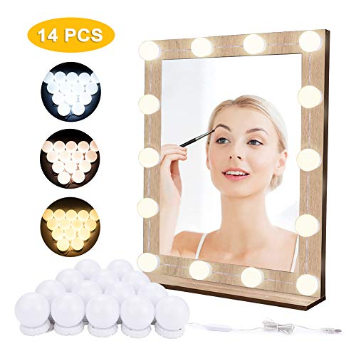 Luces de Espejo de Tocador LED Lámpara para Espejo de Maquillaje LED para Espejo Cosmético con Estilo Hollywood 14 Piezas Bombillas Regulables con Puerto USB, 10 Niveles de Brillo, 3 Modos de Color