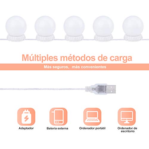 Luces de Espejo de Tocador LED Lámpara para Espejo de Maquillaje LED para Espejo Cosmético con Estilo Hollywood 14 Piezas Bombillas Regulables con Puerto USB, 10 Niveles de Brillo, 3 Modos de Color