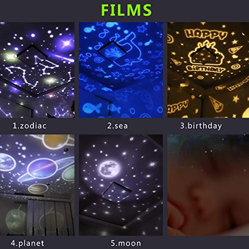 Luces de noche para niños – Lámpara de proyector multifunción de estrellas para decorar cumpleaños, Navidad y otras fiestas, el mejor regalo para el dormitorio de un bebé, 5 juegos de película