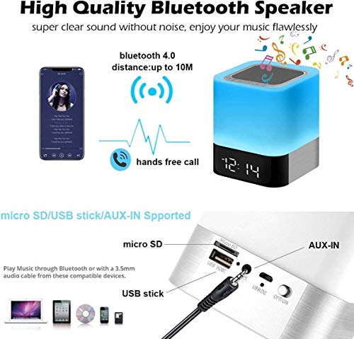 Luces nocturnas Altavoz Bluetooth, lámpara de Noche Smart Touch,Luz de Noche Multicolor RGB Regulable,Sensor táctil Lámpara de cabecera con Reloj Despertador, Regalos para Niños Adolescentes