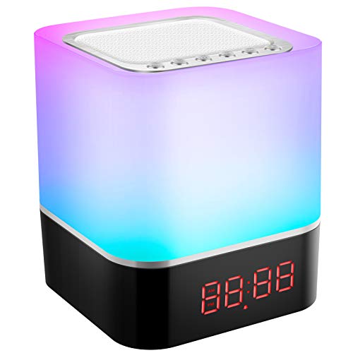 Luces nocturnas Altavoz Bluetooth, lámpara de Noche Smart Touch,Luz de Noche Multicolor RGB Regulable,Sensor táctil Lámpara de cabecera con Reloj Despertador, Regalos para Niños Adolescentes
