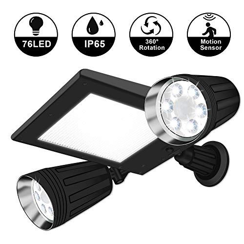 Luces solares al aire libre 76 LED super brillantes luces de seguridad con sensor de movimiento, foco ajustable de 360 ° resistente al agua para jardín, patio, entrada de pared